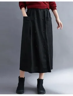 Women's Skirt A Line Long Skirt Linen Skirts coastal grandma style Basic Casual Long Midi Skirts Solid Colored Pocket Split Ends Street Daily Black Brown Green Apricot Spring & Summer Cotton Linen