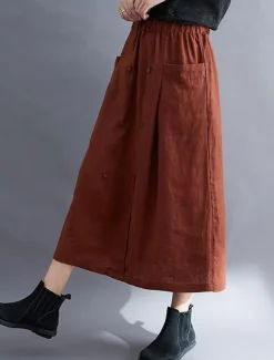 Women's Skirt A Line Long Skirt Linen Skirts coastal grandma style Basic Casual Long Midi Skirts Solid Colored Pocket Split Ends Street Daily Black Brown Green Apricot Spring & Summer Cotton Linen