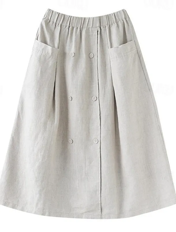 Women's Skirt A Line Long Skirt Linen Skirts coastal grandma style Basic Casual Long Midi Skirts Solid Colored Pocket Split Ends Street Daily Black Brown Green Apricot Spring & Summer Cotton Linen