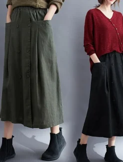 Women's Skirt A Line Long Skirt Linen Skirts coastal grandma style Basic Casual Long Midi Skirts Solid Colored Pocket Split Ends Street Daily Black Brown Green Apricot Spring & Summer Cotton Linen