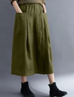 Women's Skirt A Line Long Skirt Linen Skirts coastal grandma style Basic Casual Long Midi Skirts Solid Colored Pocket Split Ends Street Daily Black Brown Green Apricot Spring & Summer Cotton Linen