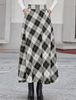 Women's Skirt A Line Maxi Skirts Pocket Print Plaid Street Daily Winter Fashion Casual Camel Black Blue