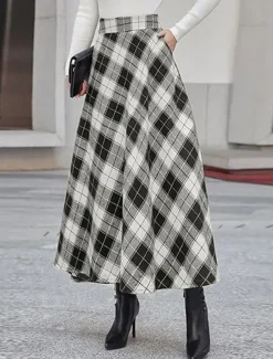 Women's Skirt A Line Maxi Skirts Pocket Print Plaid Street Daily Winter Fashion Casual Camel Black Blue