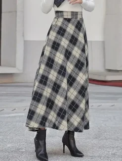 Women's Skirt A Line Maxi Skirts Pocket Print Plaid Street Daily Winter Fashion Casual Camel Black Blue