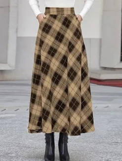 Women's Skirt A Line Maxi Skirts Pocket Print Plaid Street Daily Winter Fashion Casual Camel Black Blue