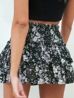 Women's Skirt A Line Mini High Waist Skirts Ruffle Print Floral Daily Vacation Summer Fashion Bohemian Casual Boho Apricot Black White Pink