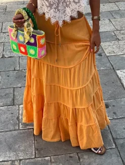 Women's Skirt A Line Solid Color Fashion Casual Maxi High Waist Skirts Plain Layered Micro-elastic Vacation Street Black White Orange Green Summer Polyester