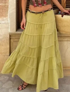 Women's Skirt A Line Solid Color Fashion Casual Maxi High Waist Skirts Plain Layered Micro-elastic Vacation Street Black White Orange Green Summer Polyester