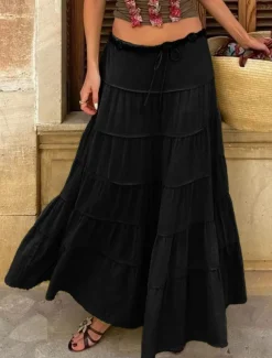 Women's Skirt A Line Solid Color Fashion Casual Maxi High Waist Skirts Plain Layered Micro-elastic Vacation Street Black White Orange Green Summer Polyester