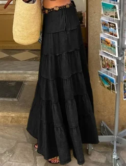 Women's Skirt A Line Solid Color Fashion Casual Maxi High Waist Skirts Plain Layered Micro-elastic Vacation Street Black White Orange Green Summer Polyester