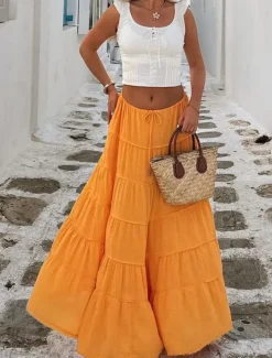 Women's Skirt A Line Solid Color Fashion Casual Maxi High Waist Skirts Plain Layered Micro-elastic Vacation Street Black White Orange Green Summer Polyester