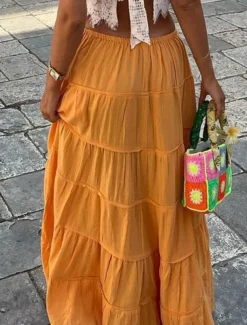 Women's Skirt A Line Solid Color Fashion Casual Maxi High Waist Skirts Plain Layered Micro-elastic Vacation Street Black White Orange Green Summer Polyester