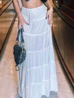 Women's Skirt A Line Solid Color Fashion Casual Maxi High Waist Skirts Plain Layered Micro-elastic Vacation Street Black White Orange Green Summer Polyester