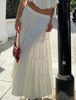 Women's Skirt A Line Solid Color Fashion Casual Maxi High Waist Skirts Plain Layered Micro-elastic Vacation Street Black White Orange Green Summer Polyester