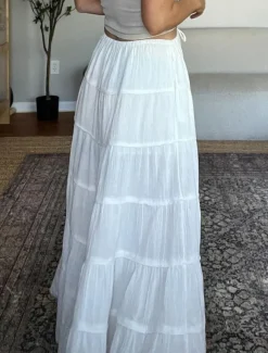 Women's Skirt A Line Solid Color Fashion Casual Maxi High Waist Skirts Plain Layered Micro-elastic Vacation Street Black White Orange Green Summer Polyester