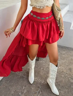 Women's Skirt A Line Solid Color Fashion Casual Mini High Waist Skirts Plain Ruffle Layered Micro-elastic Vacation Street Black White Red Blue Summer Polyester