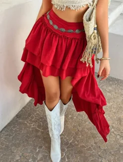 Women's Skirt A Line Solid Color Fashion Casual Mini High Waist Skirts Plain Ruffle Layered Micro-elastic Vacation Street Black White Red Blue Summer Polyester