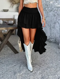 Women's Skirt A Line Solid Color Fashion Casual Mini High Waist Skirts Plain Ruffle Layered Micro-elastic Vacation Street Black White Red Blue Summer Polyester