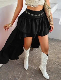 Women's Skirt A Line Solid Color Fashion Casual Mini High Waist Skirts Plain Ruffle Layered Micro-elastic Vacation Street Black White Red Blue Summer Polyester