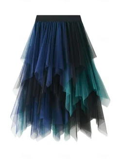 Women's Skirt A Line Swing Fashion Casual Midi High Waist Skirts Color Block Irregular Hem Layered Vacation Street White Pink Blue Green Winter Spandex