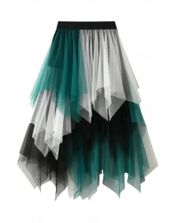 Women's Skirt A Line Swing Fashion Casual Midi High Waist Skirts Color Block Irregular Hem Layered Vacation Street White Pink Blue Green Winter Spandex