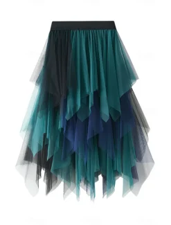 Women's Skirt A Line Swing Fashion Casual Midi High Waist Skirts Color Block Irregular Hem Layered Vacation Street White Pink Blue Green Winter Spandex
