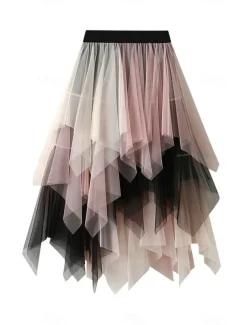 Women's Skirt A Line Swing Fashion Casual Midi High Waist Skirts Color Block Irregular Hem Layered Vacation Street White Pink Blue Green Winter Spandex