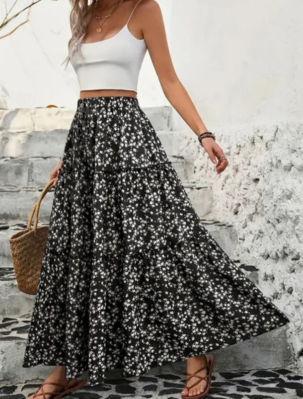 Women's Skirt A Line Swing Bohemia Casual Maxi High Waist Skirts Floral Print Micro-elastic Street Daily Black Blue Summer Polyester