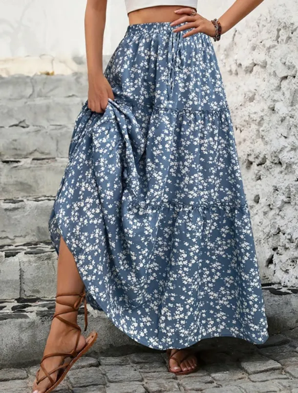 Women's Skirt A Line Swing Bohemia Casual Maxi High Waist Skirts Floral Print Micro-elastic Street Daily Black Blue Summer Polyester