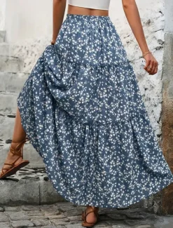 Women's Skirt A Line Swing Bohemia Casual Maxi High Waist Skirts Floral Print Micro-elastic Street Daily Black Blue Summer Polyester