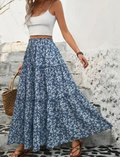 Women's Skirt A Line Swing Bohemia Casual Maxi High Waist Skirts Floral Print Micro-elastic Street Daily Black Blue Summer Polyester