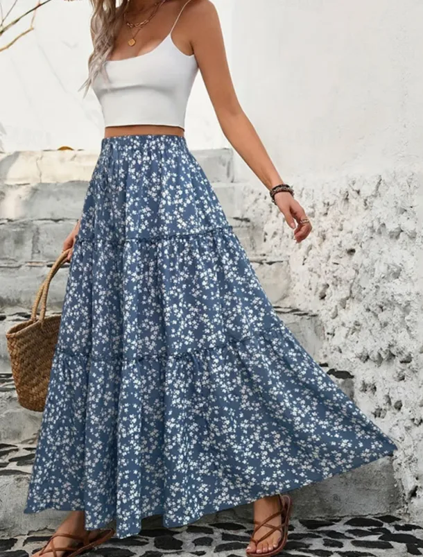 Women's Skirt A Line Swing Bohemia Casual Maxi High Waist Skirts Floral Print Micro-elastic Street Daily Black Blue Summer Polyester