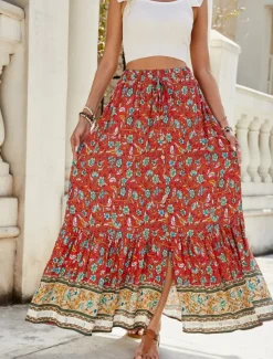 Women's Skirt A Line Swing Bohemia Fashion Casual Maxi High Waist Skirts Floral Print Micro-elastic Street Daily Red Navy Blue Green Summer Polyester