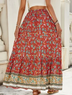 Women's Skirt A Line Swing Bohemia Fashion Casual Maxi High Waist Skirts Floral Print Micro-elastic Street Daily Red Navy Blue Green Summer Polyester
