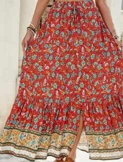 Women's Skirt A Line Swing Bohemia Fashion Casual Maxi High Waist Skirts Floral Print Micro-elastic Street Daily Red Navy Blue Green Summer Polyester