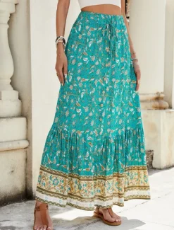 Women's Skirt A Line Swing Bohemia Fashion Casual Maxi High Waist Skirts Floral Print Micro-elastic Street Daily Red Navy Blue Green Summer Polyester