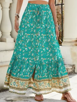Women's Skirt A Line Swing Bohemia Fashion Casual Maxi High Waist Skirts Floral Print Micro-elastic Street Daily Red Navy Blue Green Summer Polyester