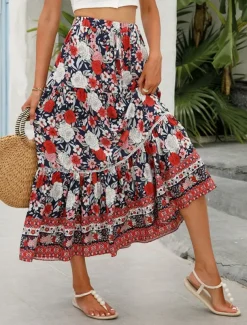 Women's Skirt A Line Swing Bohemia Casual Boho Maxi High Waist Skirts Floral Ruffle Floral Print Vacation Holiday Red Orange Dark Blue Beige Summer Rayon