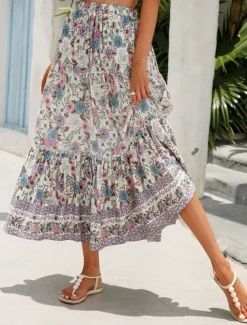 Women's Skirt A Line Swing Bohemia Casual Boho Maxi High Waist Skirts Floral Ruffle Floral Print Vacation Holiday Red Orange Dark Blue Beige Summer Rayon