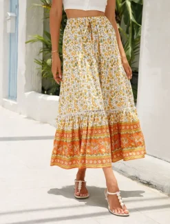 Women's Skirt A Line Swing Bohemia Casual Boho Maxi High Waist Skirts Floral Ruffle Floral Print Vacation Holiday Red Orange Dark Blue Beige Summer Rayon