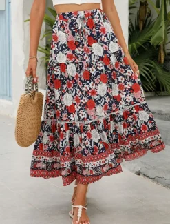 Women's Skirt A Line Swing Bohemia Casual Boho Maxi High Waist Skirts Floral Ruffle Floral Print Vacation Holiday Red Orange Dark Blue Beige Summer Rayon