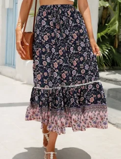 Women's Skirt A Line Swing Bohemia Casual Boho Maxi High Waist Skirts Floral Ruffle Floral Print Vacation Holiday Red Orange Dark Blue Beige Summer Rayon