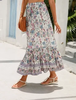 Women's Skirt A Line Swing Bohemia Casual Boho Maxi High Waist Skirts Floral Ruffle Floral Print Vacation Holiday Red Orange Dark Blue Beige Summer Rayon