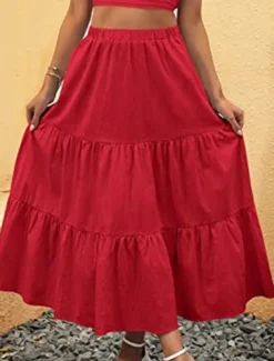 Women's Skirt A Line Swing Maxi Skirts Ruffle Pocket Solid Colored Casual Daily Weekend Summer Fashion Casual Black White Red Light Blue