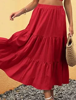 Women's Skirt A Line Swing Maxi Skirts Ruffle Pocket Solid Colored Casual Daily Weekend Summer Fashion Casual Black White Red Light Blue