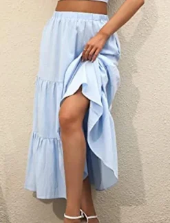 Women's Skirt A Line Swing Maxi Skirts Ruffle Pocket Solid Colored Casual Daily Weekend Summer Fashion Casual Black White Red Light Blue