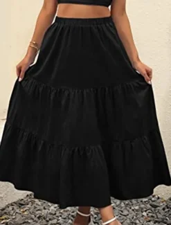 Women's Skirt A Line Swing Maxi Skirts Ruffle Pocket Solid Colored Casual Daily Weekend Summer Fashion Casual Black White Red Light Blue