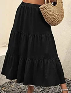 Women's Skirt A Line Swing Maxi Skirts Ruffle Pocket Solid Colored Casual Daily Weekend Summer Fashion Casual Black White Red Light Blue