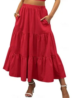 Women's Skirt A Line Swing Maxi Skirts Ruffle Pocket Solid Colored Casual Daily Weekend Summer Fashion Casual Black White Red Light Blue