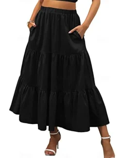 Women's Skirt A Line Swing Maxi Skirts Ruffle Pocket Solid Colored Casual Daily Weekend Summer Fashion Casual Black White Red Light Blue